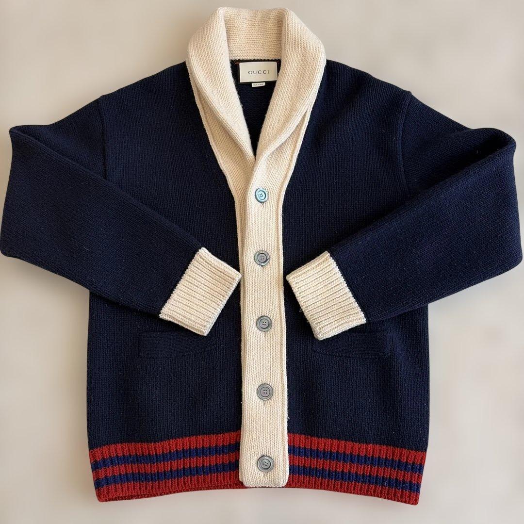 GUCCI ショールカラーニットカーディガンMade in Italy Mサイズ GUCCI（グッチ） 極美品□GUCCI 678939 ウール GGジャガード くるみ