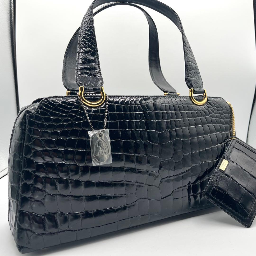 美品◎JRA認定 シャイニングクロコ ハンドバッグ センター取り 黒 明日香 カワノバッグ / 【日本製】 センター取り クロコダイル 本革