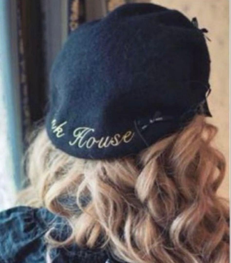 PINK HOUSE × misako&erinko ロゴ＆リボン　ベレー帽　黒 PINK HOUSE×misako&erinko】ロゴ&リボン付きベレー帽 （ハンチング