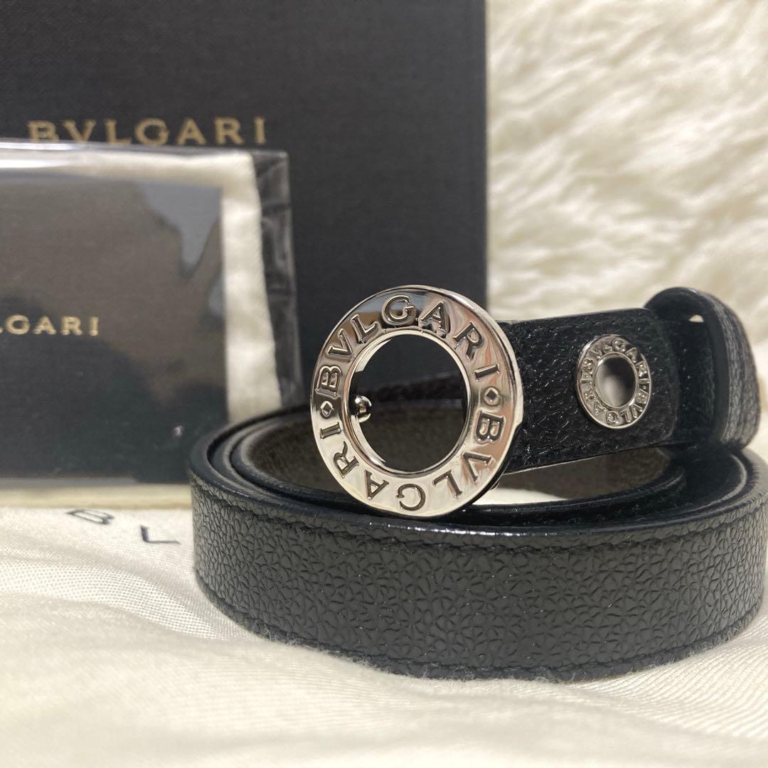 美品✨BVLGARI サークル　ロゴバックル　ベルト　黒　レザー　93cm BVLGARI ブルガリ ベルト サークル リングロゴ ブラック シルバー