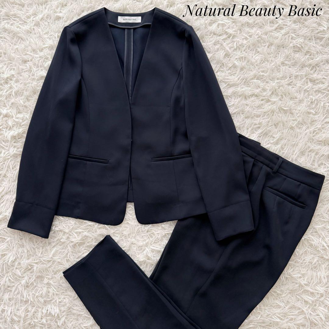 Natural Beauty Basicセットアップスーツ ノーカラー ネイビー NATURAL BEAUTY BASIC（ナチュラルビューティーベーシック