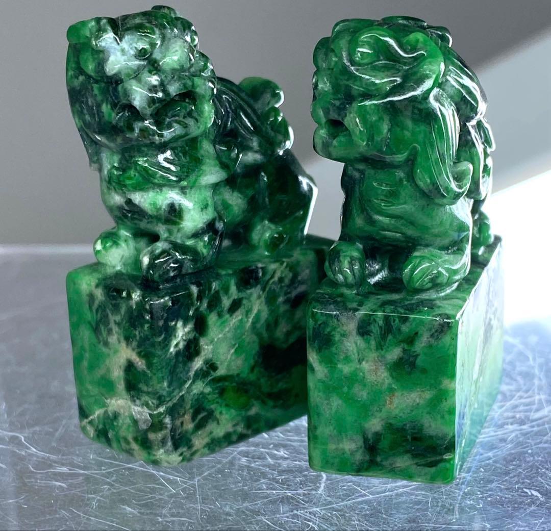 本翡翠　獅子印材一対　90g 東Y7-0212ア㉜タニチ 神獣獅子 ライゴン / 白翡翠 / DAN