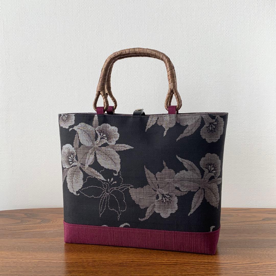 大島紬 カトレアの花 リメイク 胡桃皮ハンドルバッグ 大島紬 カトレアの花 リメイク 胡桃皮ハンドルバッグ