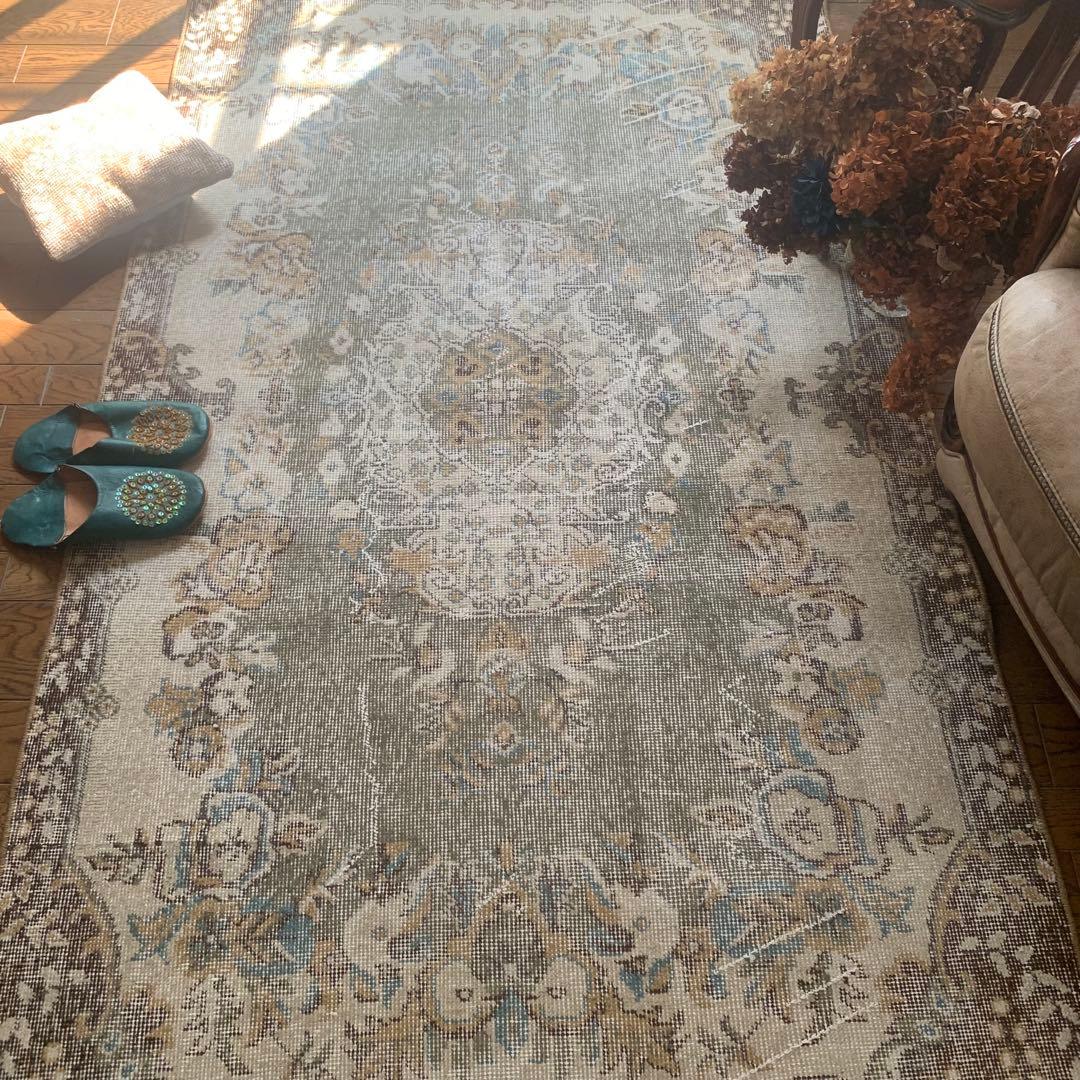 トルコヴィンテージラグ　超レア　スモーキーグリーン　193×116 ボタニカル ギャッベ（ギャベ）専門店 インプレッションオブギャッベ / オーバー