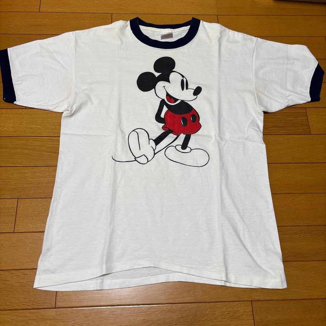 60-70s ミッキーリンガーTシャツUSA製 70s USA製 ミッキー 染み込み プリント 半袖 リンガーTシャツ S 白足の
