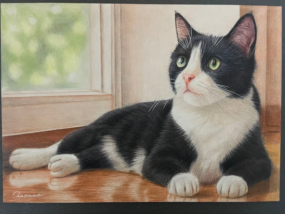 色鉛筆画 A4 ハチワレ猫128 ハチワレ猫ちゃんの 色鉛筆画を描かせていただきました🐱♡ なぁに？と