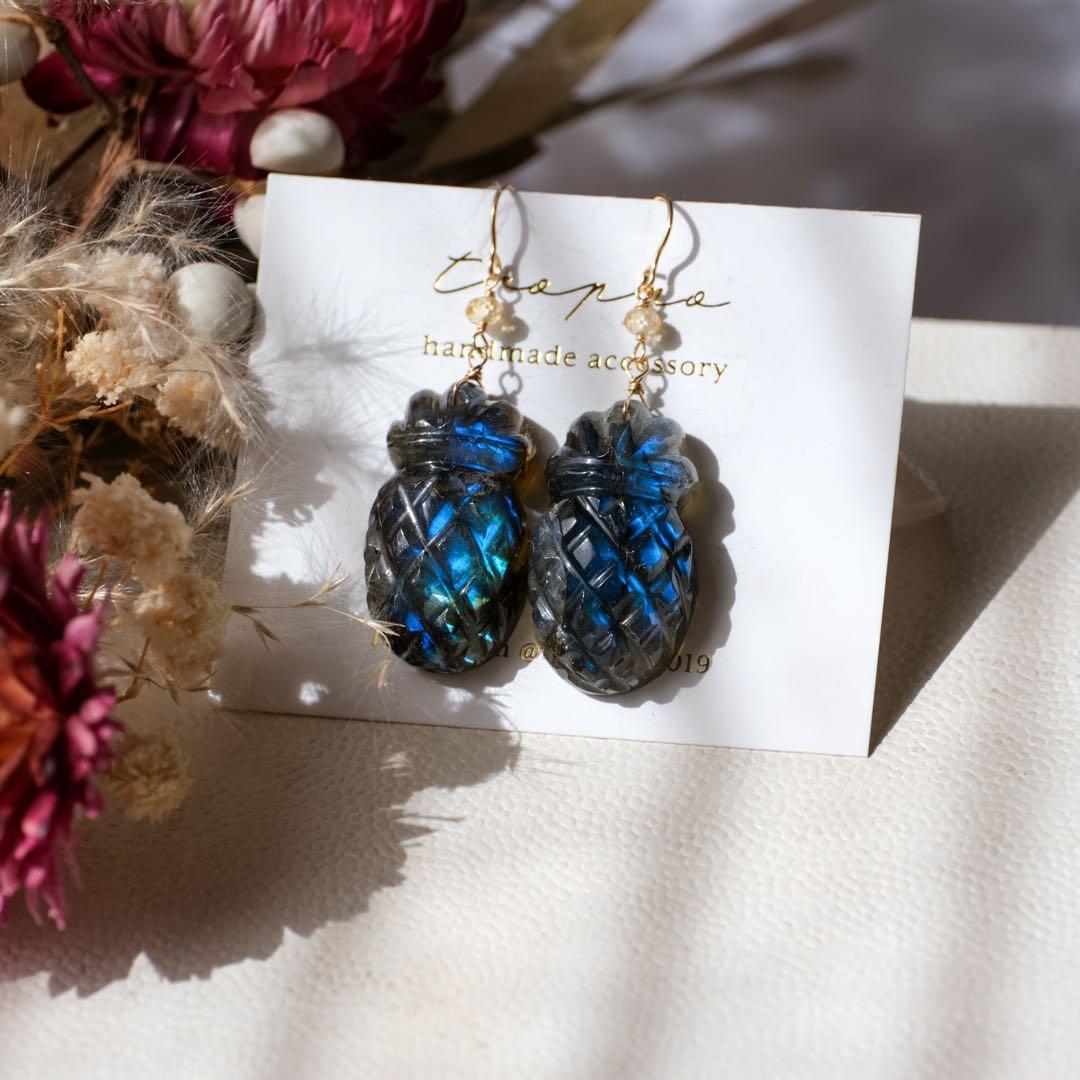 R✴︎H ♦︎14kgfラブラドライトパイナップルカービングピアス/イヤリング R✴︎H 様専用♦︎14kgfラブラドライトパイナップルカービングピアス