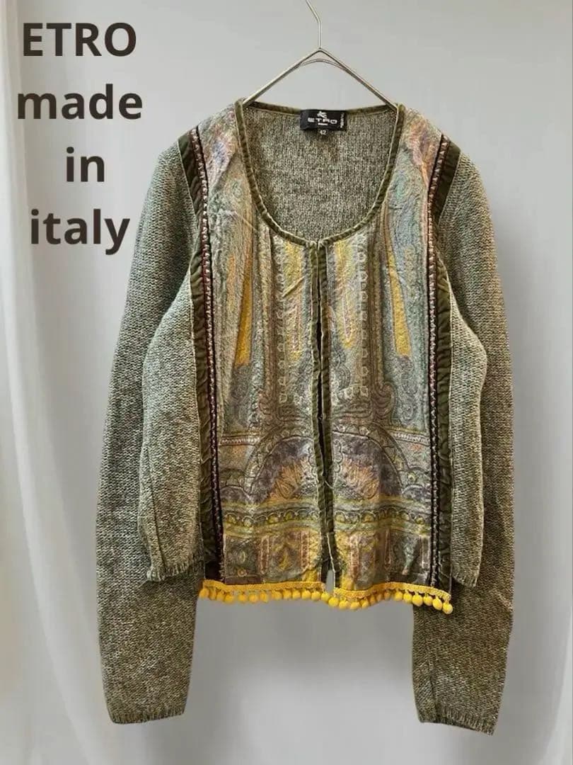 ETRO エトロ　シルクプリント切り替え デザインニット カーディガン ETRO - 美品 エトロ ETRO ニット カーディガン ロングスリーブ 長袖