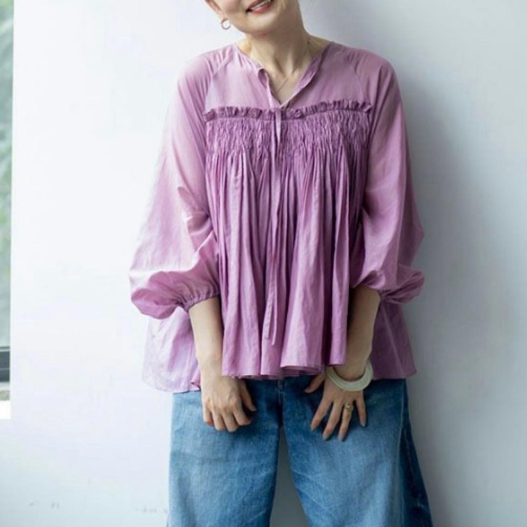 新品】ハグオーワー コットンシルクスモッキングリボンブラウス ピンク