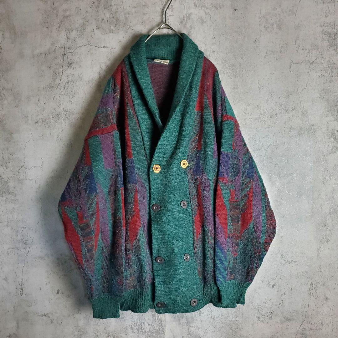 【ヴィンテージ】古着 ニット カーディガン ダブル 総柄 緑 赤 青 紫 レトロ レディース 古着 90s USA製 WINONA カラフル チェック コットン ニット