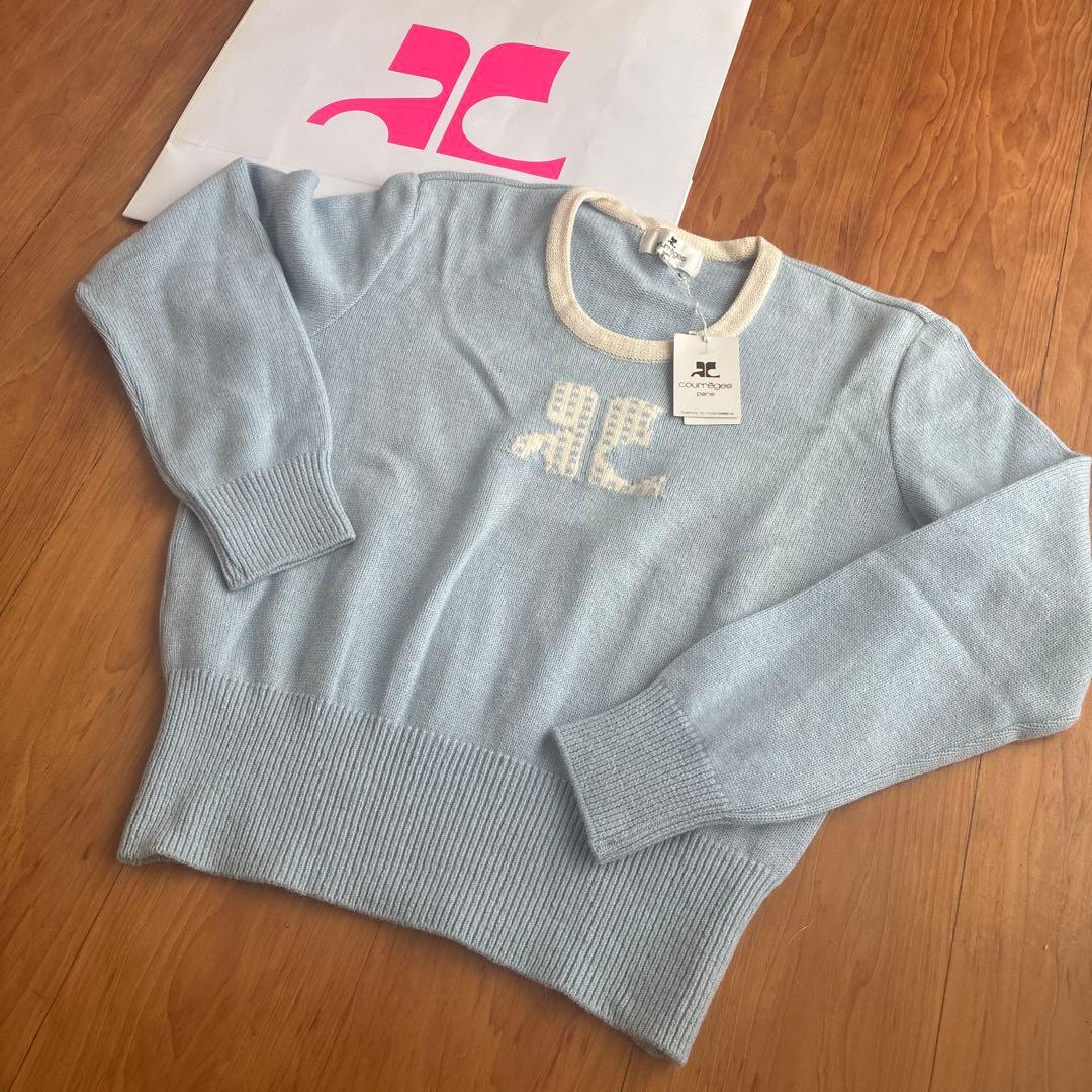 courrèges 水色 ロゴ刺繍 長袖ニットセーター 9A スウェットライクロゴ刺繍ニット Palm Riche│Eimee Law & LHELBIE