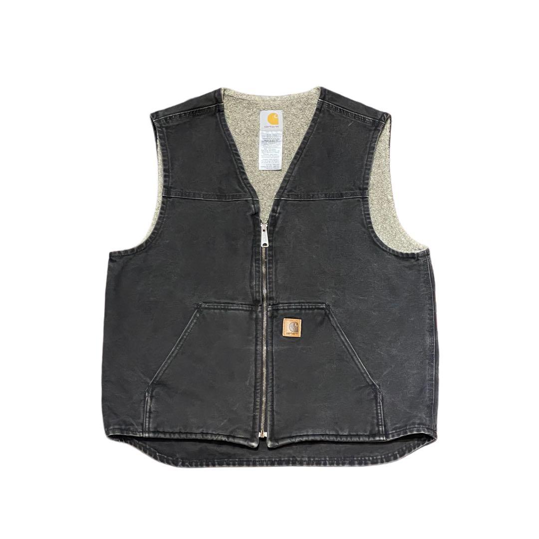 【L】Carhartt 裏フリース ダック ベスト 炭黒 ブラック カーハート carhartt - デッドストック US企画 カーハート モックネック ダック