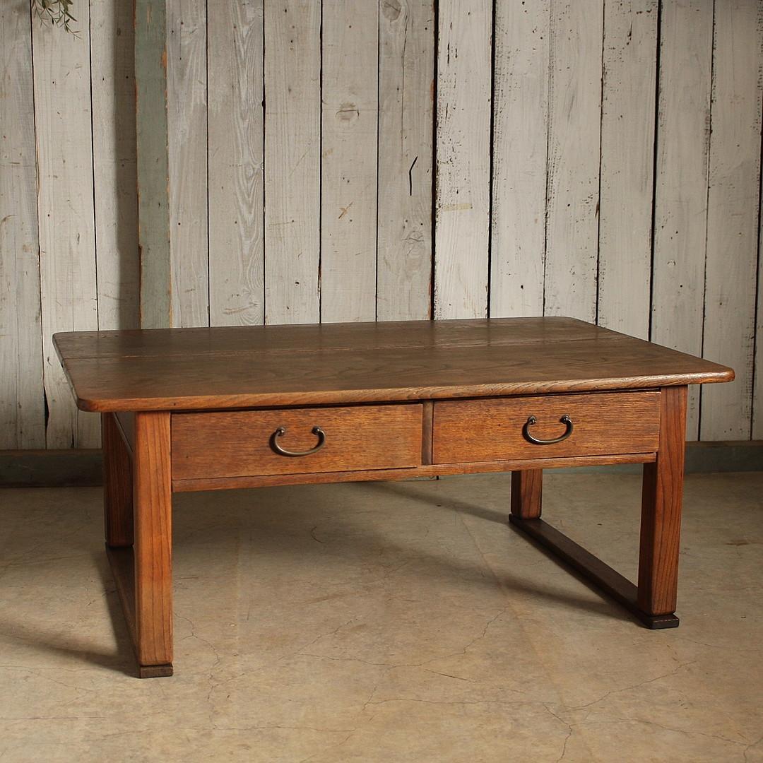 古く味のある木製の机　引き出し2杯　 ローテーブル　作業台　古家具　古民家 引出付き平机 ｜古家具,机・テーブル｜古家具・アンティーク家具 R-select