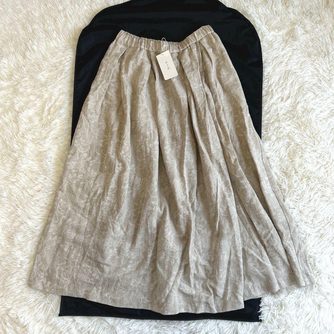 未使用✨かぐれ コットンリネンジャガードスカート フレア リネン 総柄 タック かぐれ（カグレ）の「コットンリネンジャガードスカート（スカート