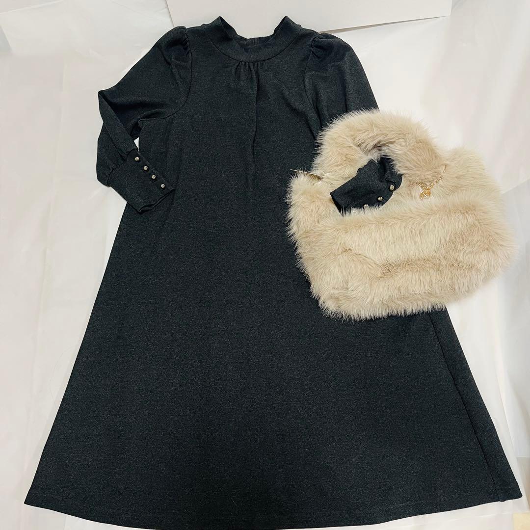 新品未使用！M'S GRACYバックシフォンリボンワンピース40 エムズグレイシー 411705 ワンピース 40 グレー バックリボン