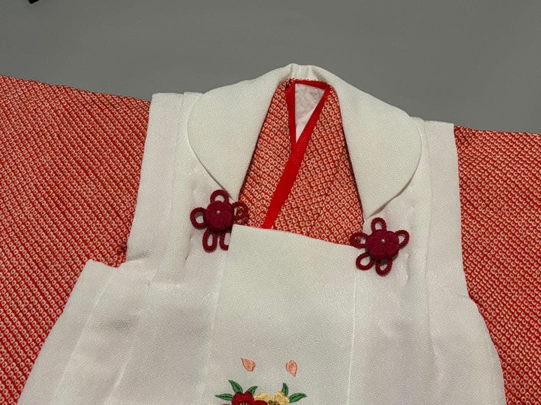 七五三 正絹 3歳 絞り 総絞り 被布 刺繍 一つ身 フルセット 朱色 オレンジ
