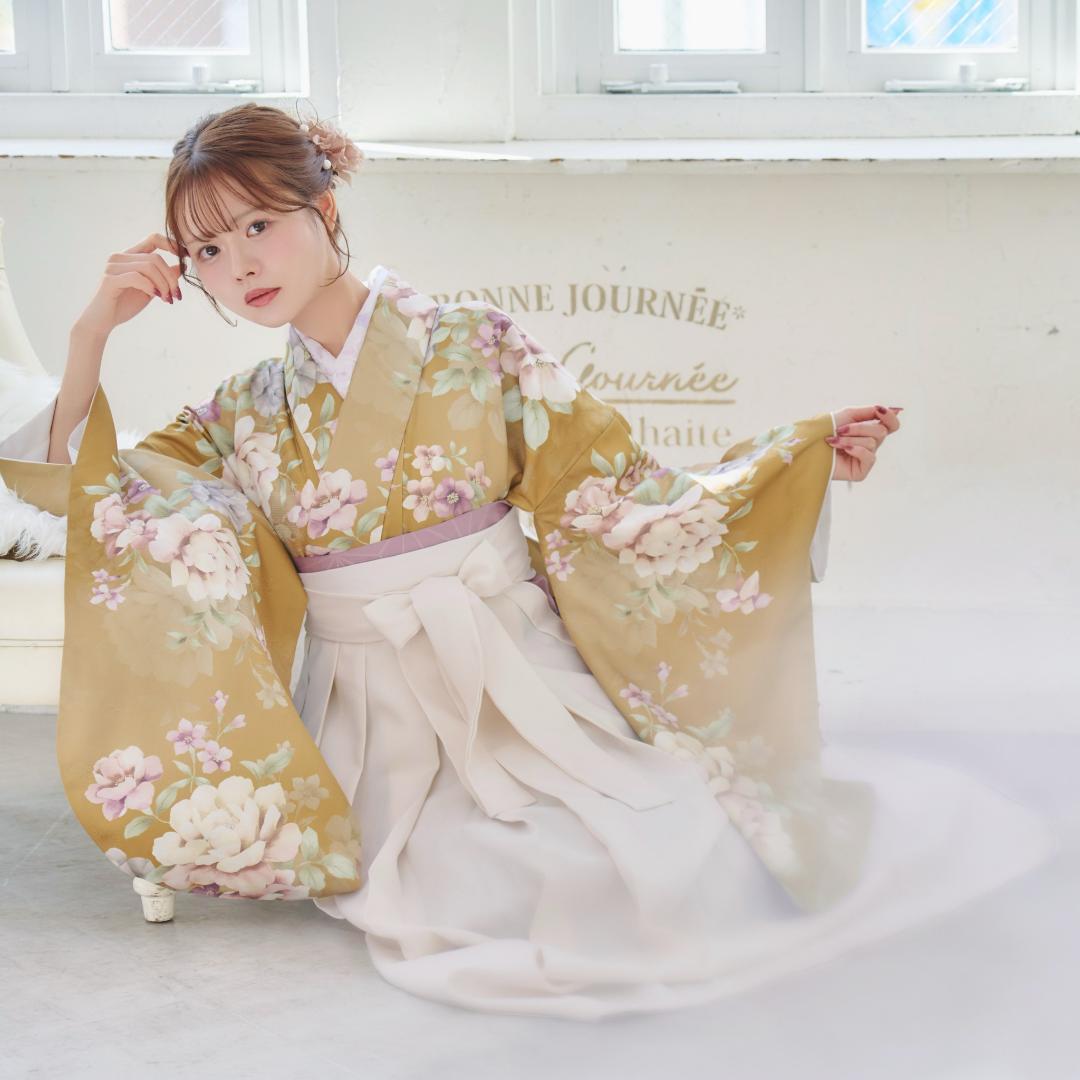 新品袴4点セット 卒業式 小学生 大学生 レディース からし 白 95WWH