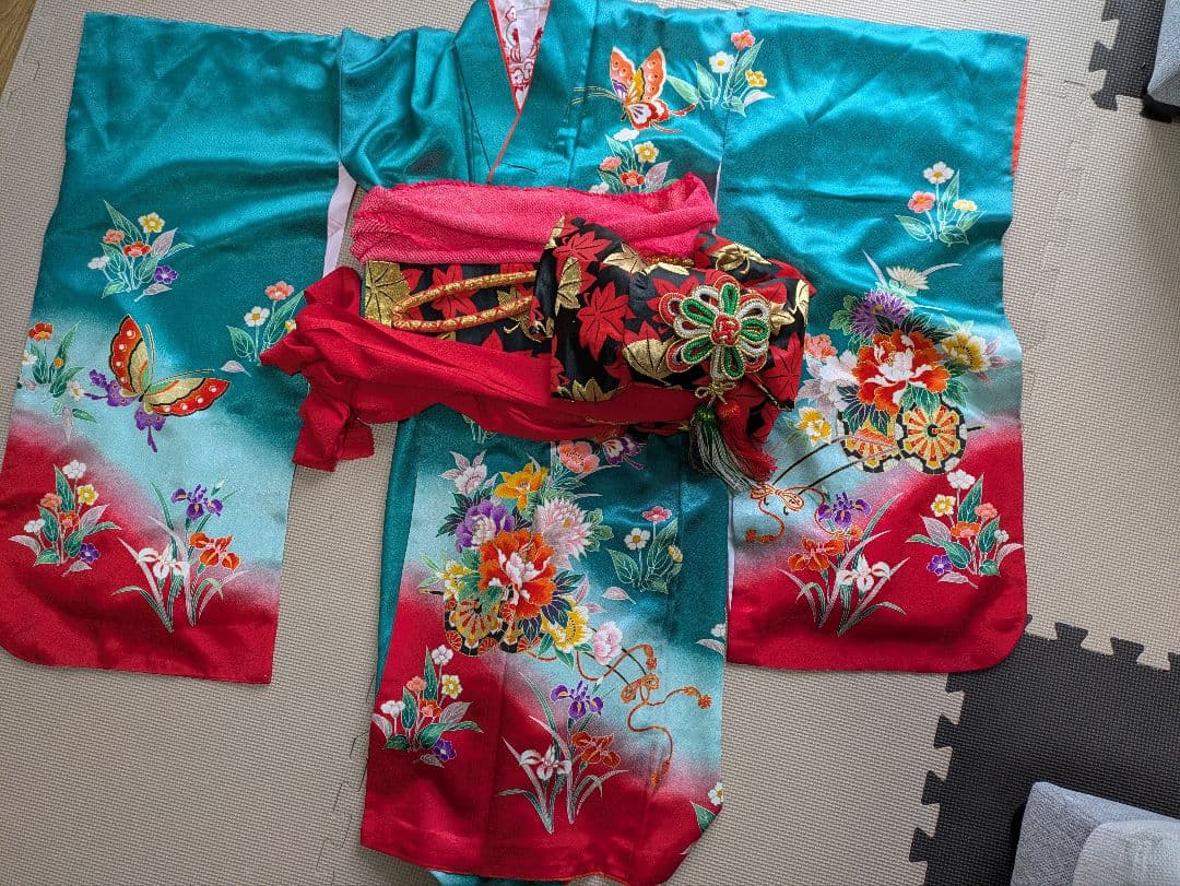 子供用 着物セット 七歳　フルセット　グリーン　七五三　はこせこセット 七五三 女の子 7歳 7才 着物 フルセット 女の子 着物 絵羽 四つ身 結び