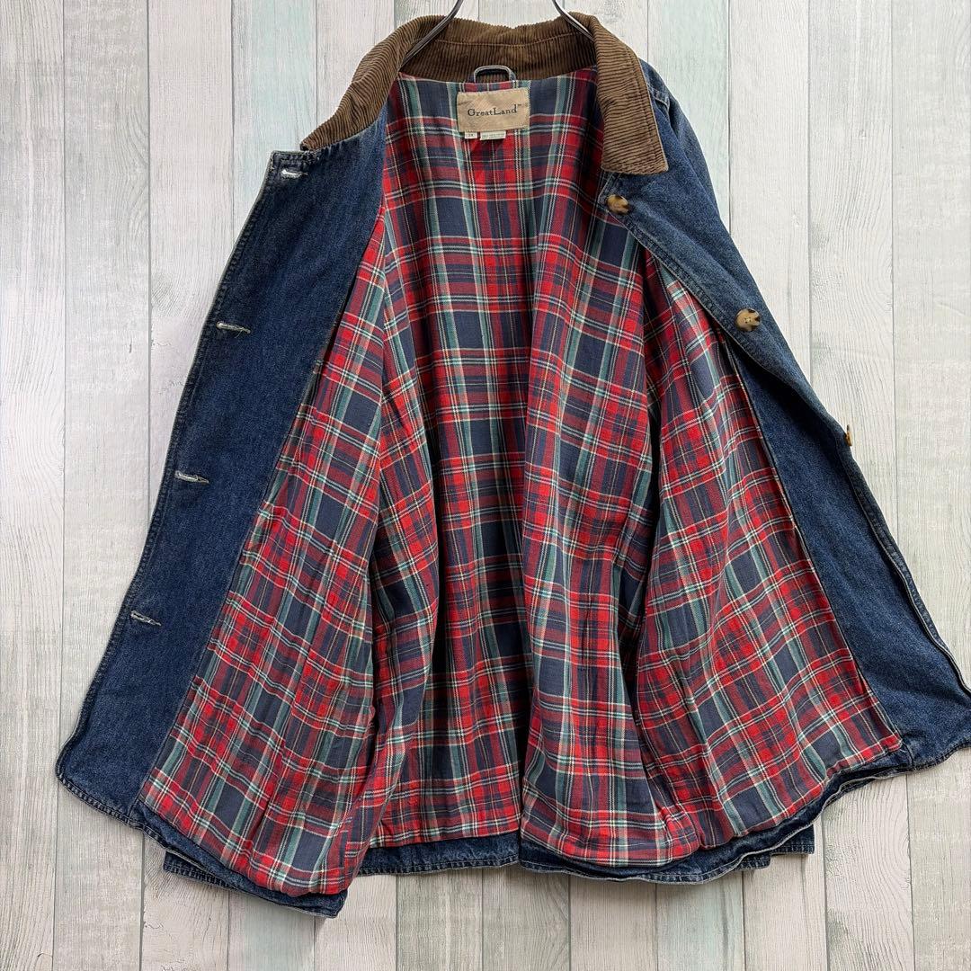 グレートランド デニムカバーオール 2XL コーデュロイ襟 チェック裏地