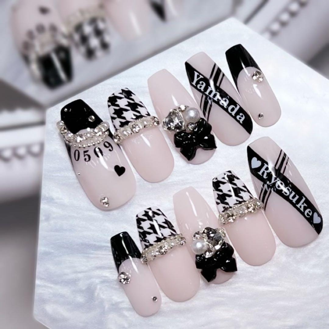 ネイルチップ 現品 黒フレンチ 量産型 スナ系 ちゅるん リボン ハート