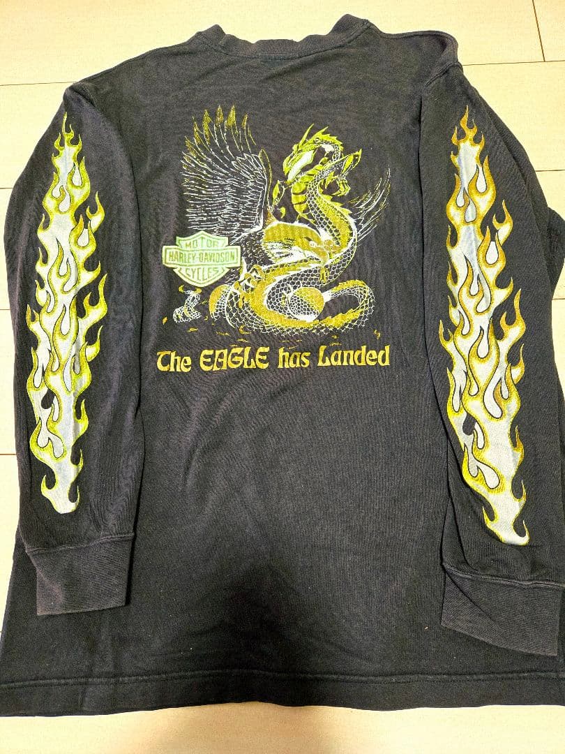 激レアイエローフレイム！Harley-Davidson 長袖カットソー ドラゴン Flame 袖フレイム ハーレーダビッドソン ロンT ファイヤー 両面 長袖