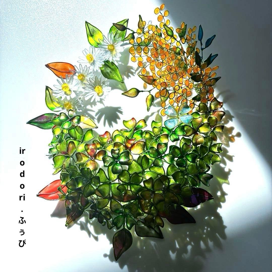 大きな　春いっぱいリース　ワイヤークラフト　ディップアート　壁飾り　アート 一点物】ゴールドのディップフラワーのリース 約27㎝ ワイヤーリース