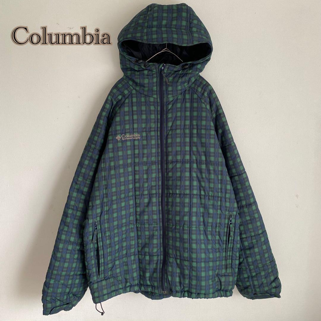 コロンビア】チェック 中綿 ジャケット【L】緑 紺 フード ジャンパー