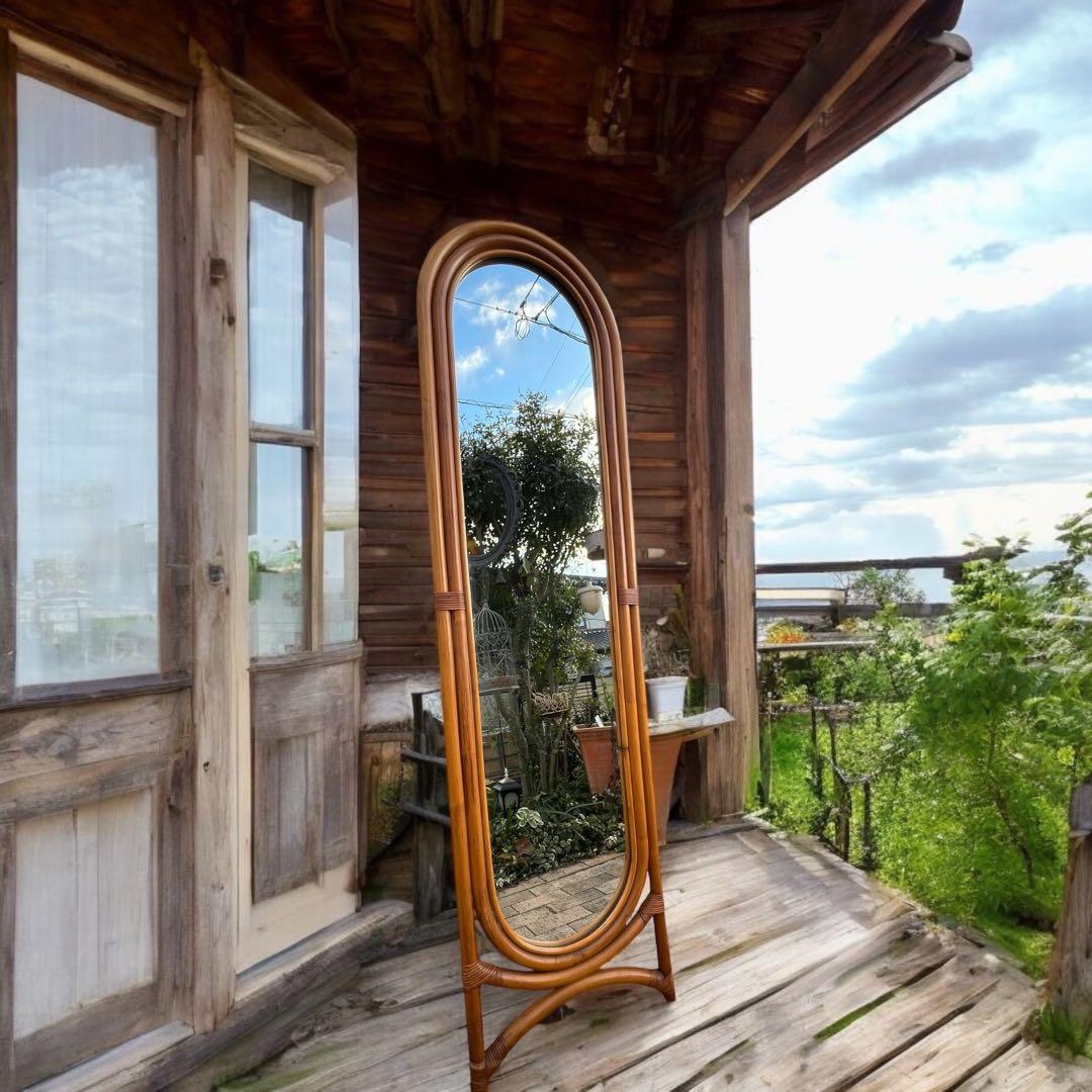 ラタン ヴィンテージ 姿見 籐家具 昭和 1960年代製 ヴィンテージ ラタンローチェア 籐編み 座椅子 2段階調