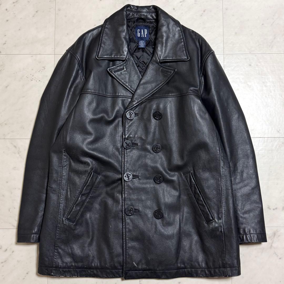 【オーバーサイズ 3L相当】OLD GAP 90s レザーピーコート 本革 黒 90s 美品 GAP オールド ギャップ Tバック レザー コート 黒 XL カー