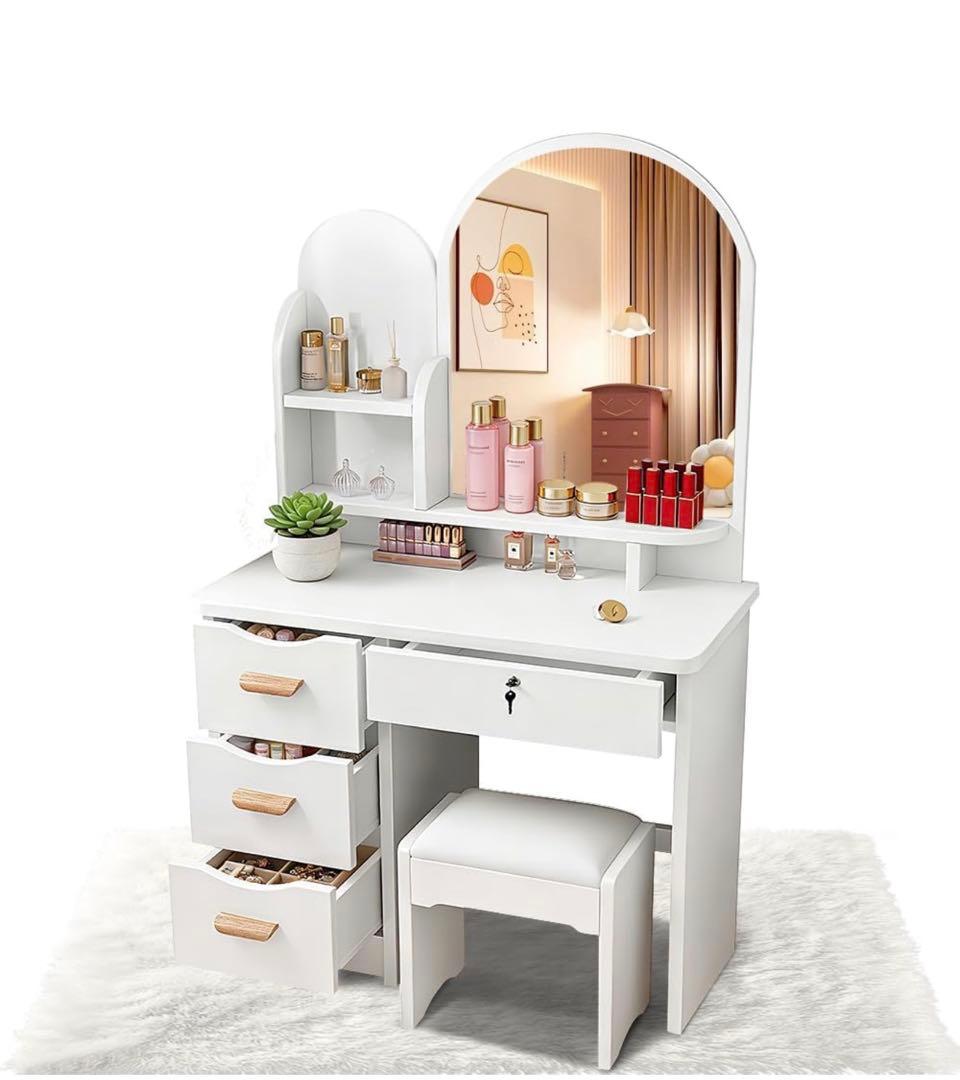 ♪新品ドレッサー 大型女優ミラー 鍵付き 幅80cm 化粧台 鏡台 スツール付き Amazon｜EJ ドレッサー コンパクト 大型女優ミラー 鍵付き 幅80cm 化粧
