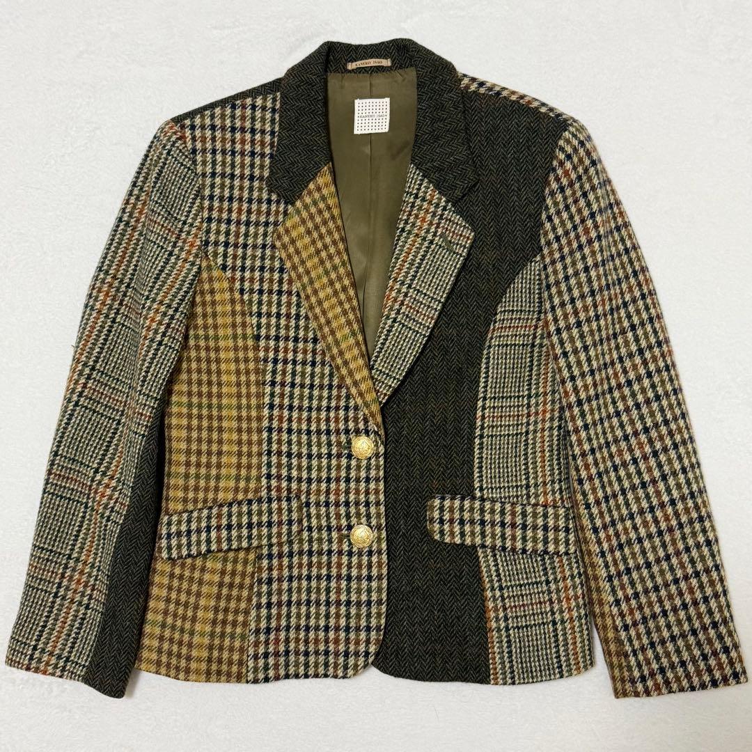 【カネコイサオ】美品テーラードジャケット　異素材　金ボタン　チェック柄　ツイード セール】チェック柄ツイードジャケット（テーラードジャケット