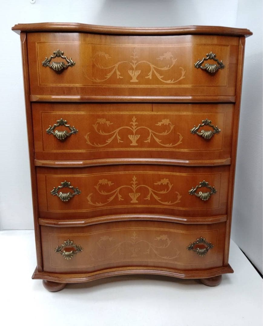 G1735イタリア製 ヴェローナクラシック 4段チェスト 象嵌細工 キャビネット イタリア 4段 チェスト 茶 87cm 象嵌 ロココ調 家具 猫脚 完成品
